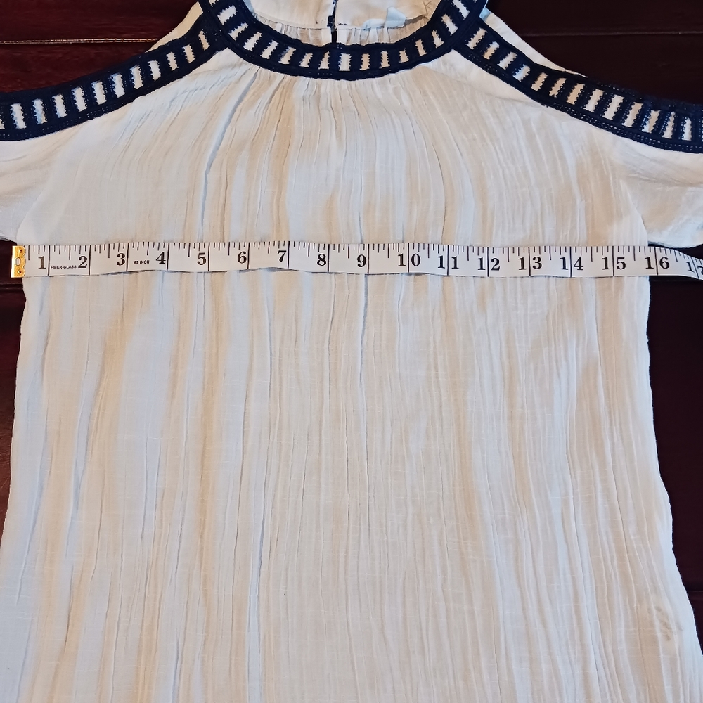 Mine Cutout shoulder blouse long sleeve size S white blue - Picture 9 of 13